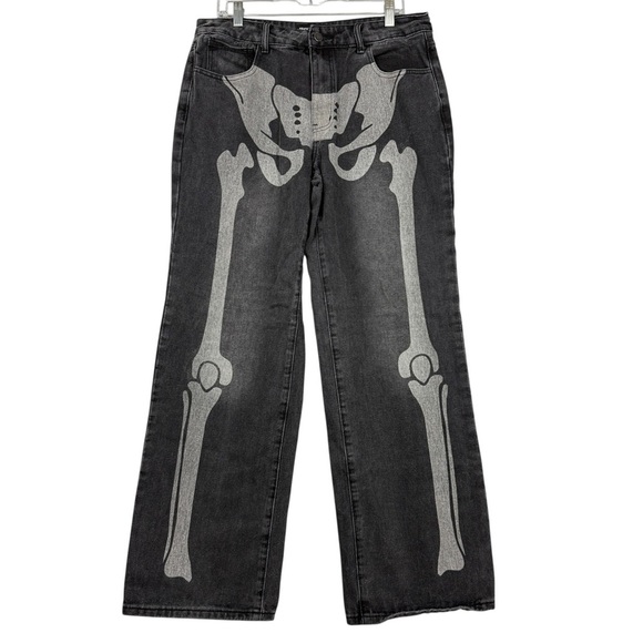 Dolls Kill Pants - Dolls Kill Bones Skeleton Graphic Grey Denim Jeans